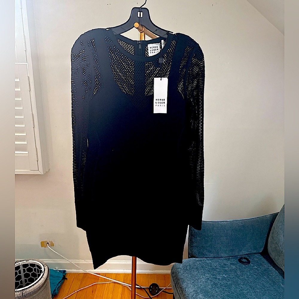 Herve Leger Paris black bandage dress with mesh long sleeves. Tags on, brand new